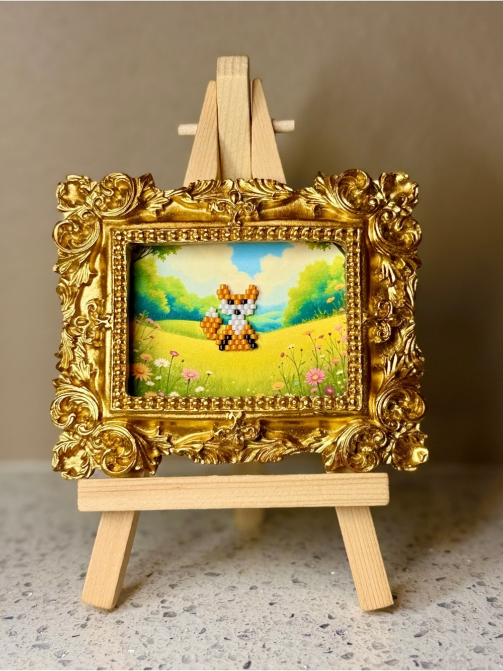 Tiny Framed Fox Art 🦊 Hand Beaded Miniature Woodland Decor